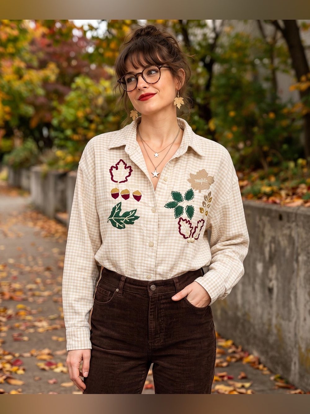 VINTAGE MAGGIE & MAX Embroidered Fall Leaves Shirt